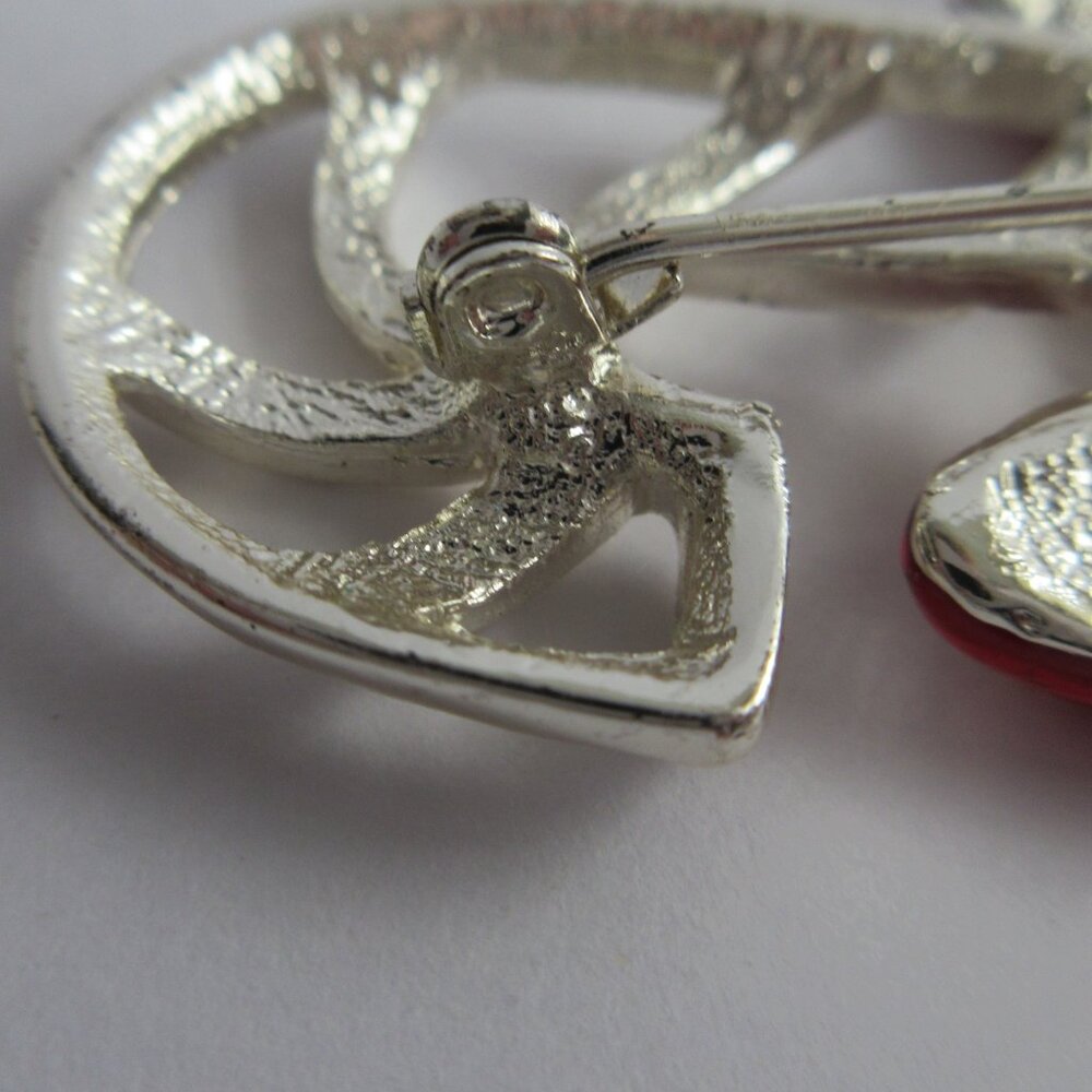 Candy Cane Brooch Pin Enamal Red Bow Holiday Christmas Silver Tone Openwork - Picture 6 of 9